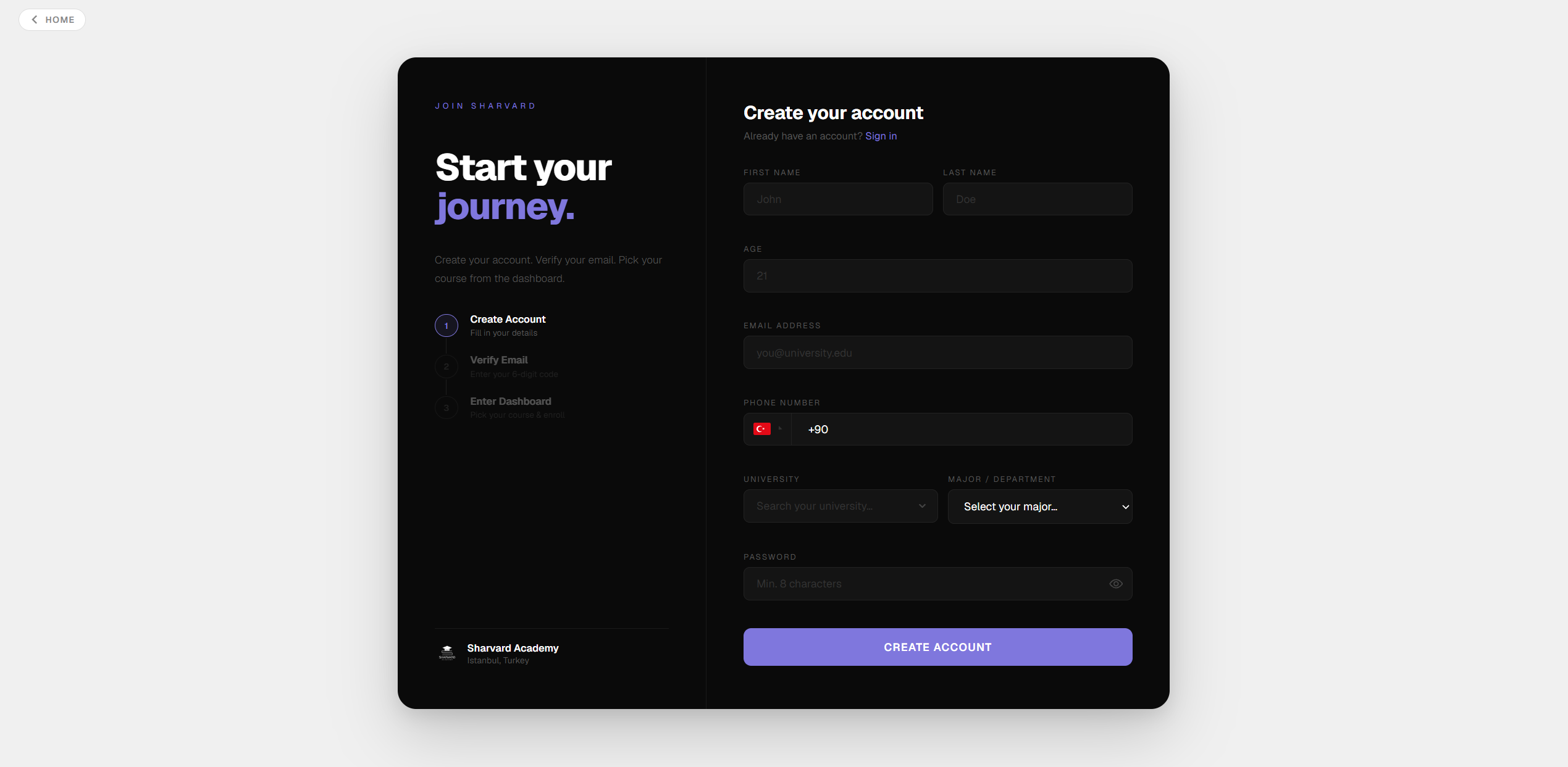 Sharvard Academy platform dashboard