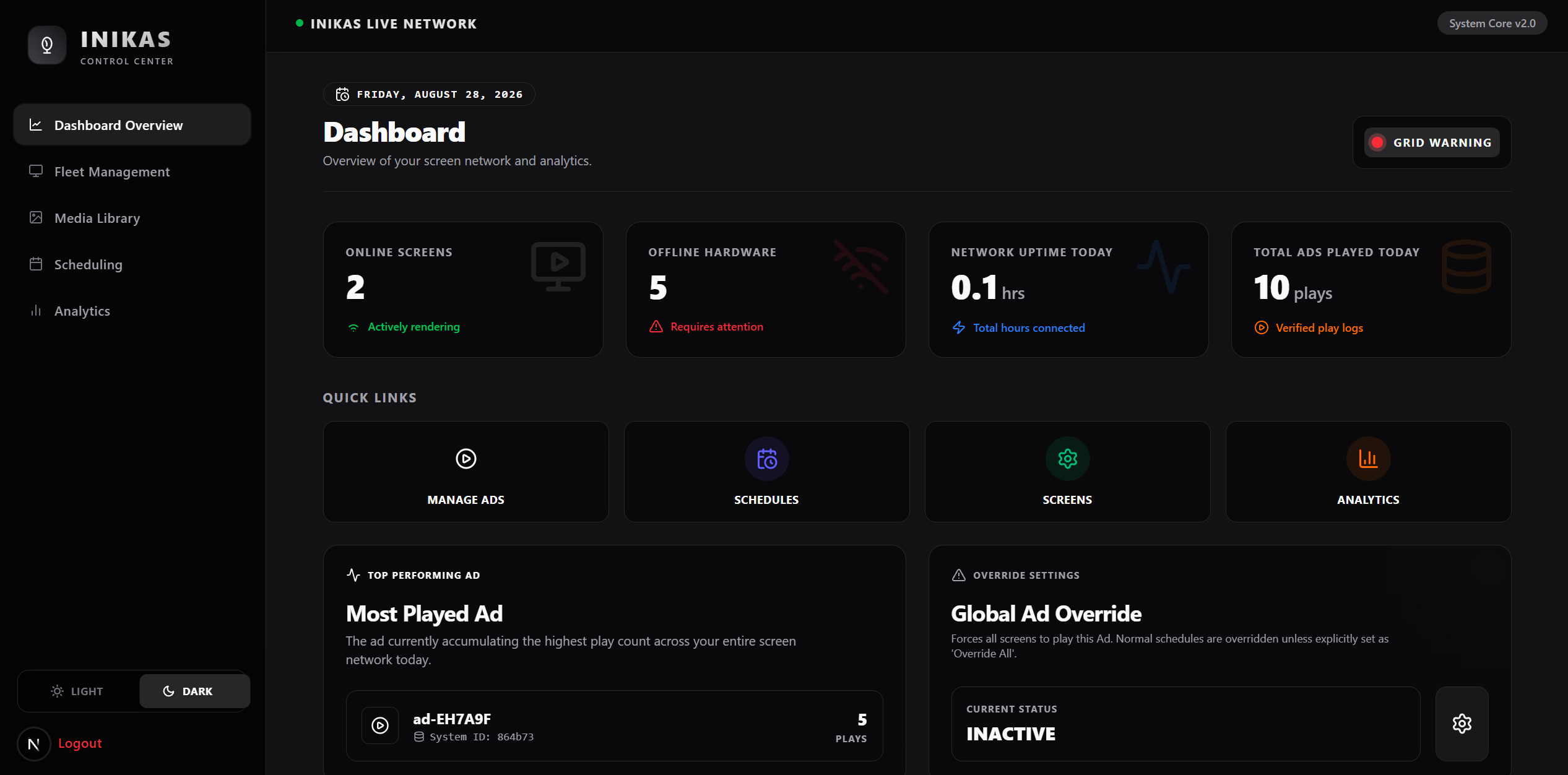 INIKAS TECH — main dashboard
